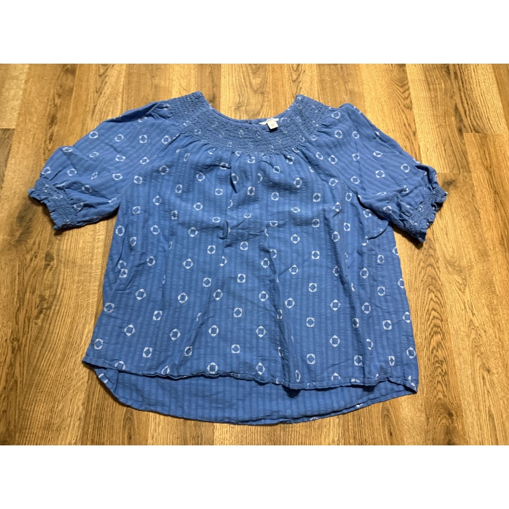 Sonoma Goods For Life Blouse Womens XL Blue Smocked Neck Short Sleeve Geometric